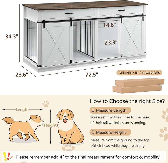 72.5" XXL Wooden Double Dog Crate Furniture for 2 Large Breeds, Farmhouse Barn Door, Removable Divider, Water Resistant with Built-in Drawers, Home Decor Pet Kennel, White