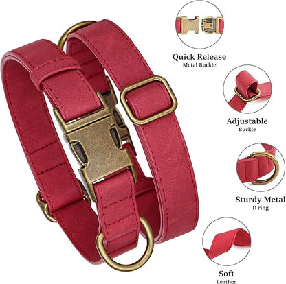 Didog Soft PU Leather Dog Collar, Stylish Quick Released Dog Collars for Small Dogs, Easy Clean Adjustable Pet Collar for Daily Walking, Red, S Fit 10-15" Neck