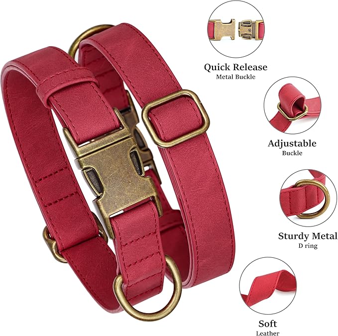 Didog Soft PU Leather Dog Collar, Stylish Quick Released Dog Collars for Medium Dogs, Easy Clean Adjustable Pet Collar for Daily Walking, Red, M Fit 14-18" Neck