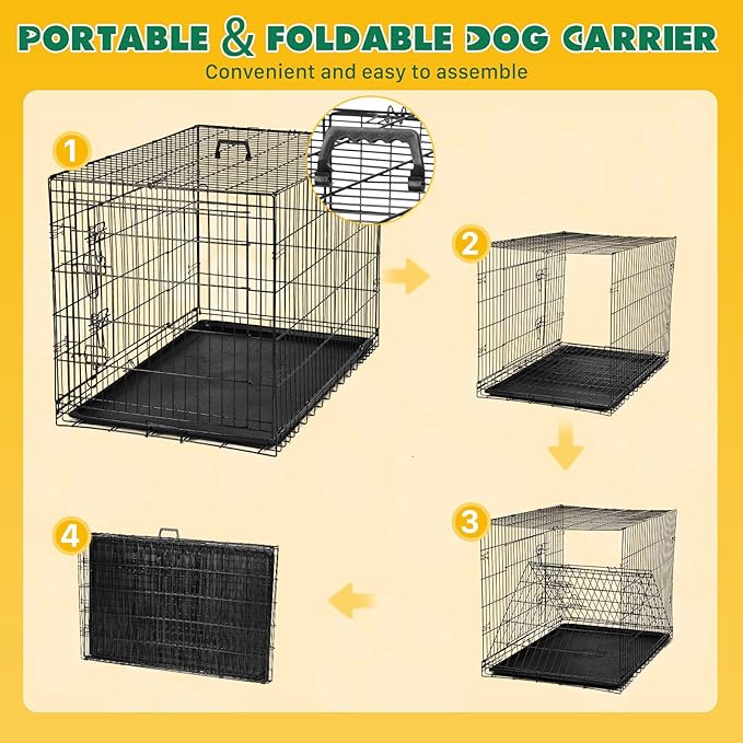 DUMOS Dog Crate, 36 Inch Medium Double Door Dog Cage with Plastic Leak-Proof Pan Tray, Folding Metal Wire Pet Kennel for Indoor, Outdoor, Travel, Black