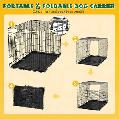 Dog Crate - Medium 36 Inch Double Door Portable Dog Cage, Metal Wire Pet Kennel with Secure Lock, Leak-Proof Pan Tray, Foldable Design for Dogs Pets Indoor Training and Outdoor Trave