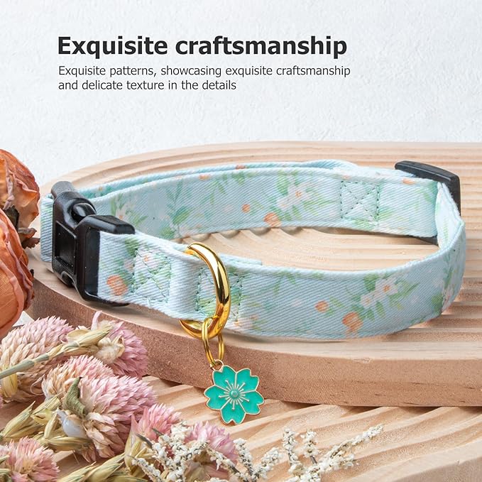 Cotton Handmade Dog Collar Cute and Distinctive Patterns Light Green Flower with Pendant for Girl Boy Dogs Collars M