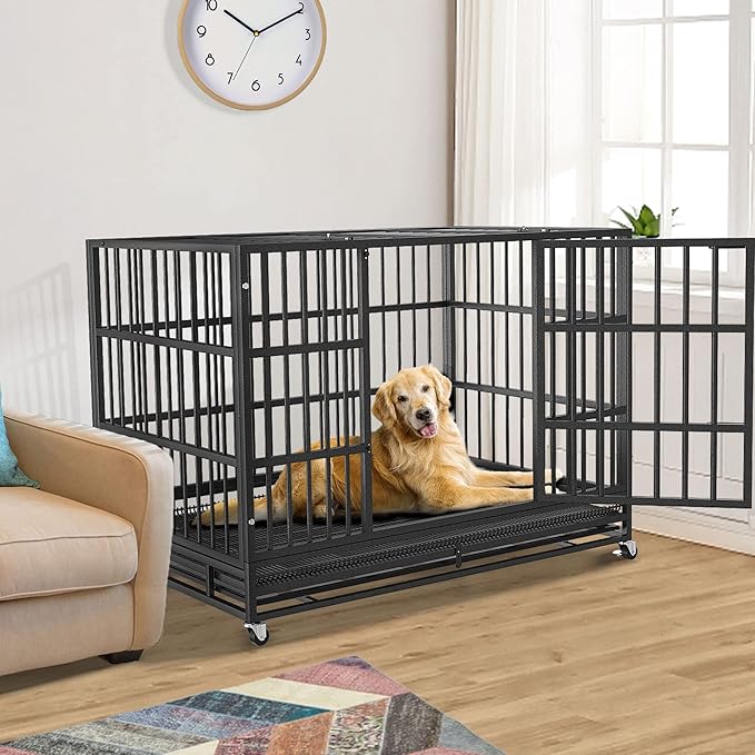 BOLDBONE 42 inch Heavy Duty Indestructible and Escape-Proof Dog Crate Cage Kennel for Large Dogs, High Anxiety Dog Crate with Removable Wire Trays and Wheels, Extra Large XL XXL, Black