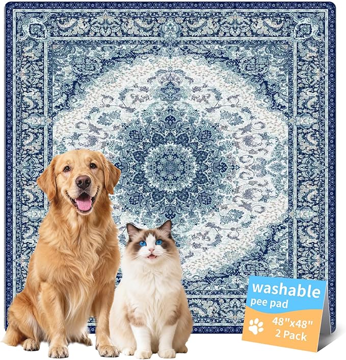 Washable Pee Pads for Dogs, Reusable Puppy Potty Training Pads, Ultra-Absorbent Thick Waterproof Leak-Proof Non-Slip Pads & Mat for Crate, Playpen, Floor, Whelping & Housebreaking , 2 Pack 48"x48"
