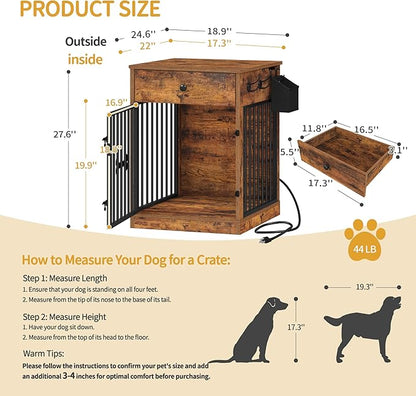 Hzuaneri 24.6'' Dog Crate Furniture with Charging Station, Dog Kennel Indoor with Flip-Top Storage, Wooden Pet Cage Dog House End Side Table for Small Dog Anti-Chew Anti-Escape, Rustic Brown DFC90101B