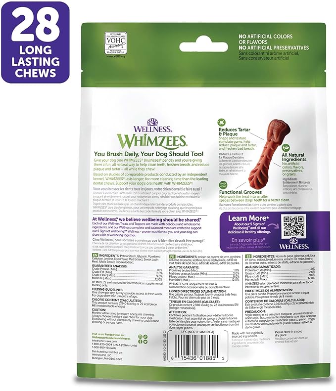 Wellness WHIMZEES Daily Brushzees Dog Dental Treat, VOHC Accepted Chews, Freshens Breath, Extra-Small Size, 7.4 oz Bag, 28 Count
