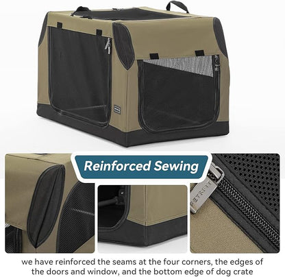 PETSFIT Dog Travel Crate, Collapsible Dog Crate- 30 Inch Sturdy Adjustable Structure, Easy to Set Up, Portable Soft Dog Kennel for Car, Light Tough with 3 Mesh Doors, Army Green