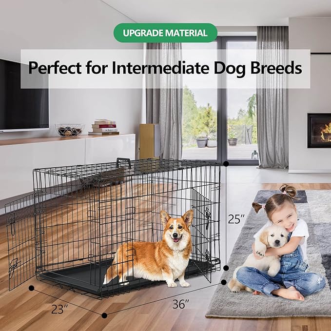 Dog Crate, 24/30/36/42/48 Inch Dog Crates for Small Medium Large Dogs Indoor, Folding Metal Dog Kennel Dog Cage with Double-Door, Divider Panel, Removable Tray, Locks and Handle, (36 Inch, Black)
