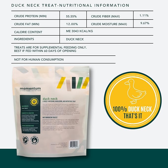 Momentum Carnivore Nutrition Freeze-Dried Duck Neck Dog Treats & Cat Treats – Single-Ingredient, High-Protein, Grain-Free, Natural Crunchy Chew – Made in USA – 3 oz Bag