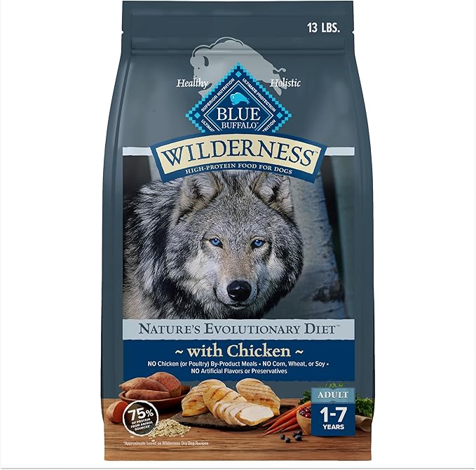 Blue Buffalo Wilderness Natural High-Protein Dry Food for Adult Dogs, Chicken Recipe, 13-lb. Bag