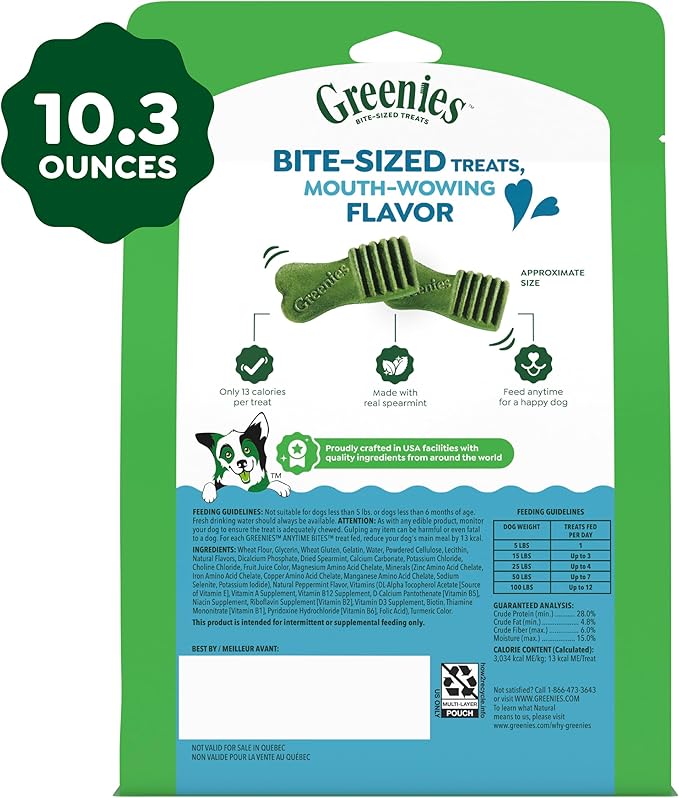 Greenies Anytime Bites Dog Treats, Mint Flavor, Dog Training Treats, 10.3 oz. Bag