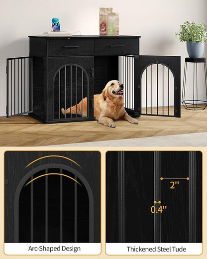 Hzuaneri 39.4'' Large Dog Crate Furniture with 2 Storage Drawers, Heavy Duty Dog Kennel Indoor with Charging Station, Wooden Dog Cage End Table Kennel for Medium/Large Dogs, Black DFC84204B