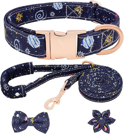 Dog Collar and Leash Set Adjustable Girls Puppy Floral Collars with Bow Tie for Small Medium Large Dogs(XS, Blue Planet)