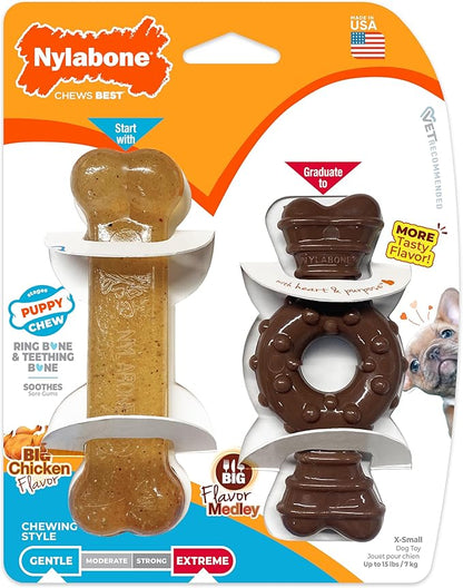 Nylabone Ring Bone Chew Toy for Puppies, Puppy Teething Toys, Puppy Enrichment Toys, Chicken Flavor, X-Small Dogs - Up to 15 lbs, 2 Pack