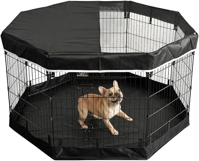 PJYuCien Dog Playpen with Top Cover and Bottom Pad - Metal Foldable Exercise Pen, 8 Panels 30" H x 24" W Indoor Outdoor Pet Fence Puppy Crate Kennel, Black