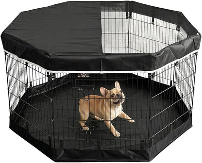 PJYuCien Dog Playpen with Top Cover and Bottom Pad - Metal Foldable Exercise Pen, 8 Panels 30" H x 24" W Indoor Outdoor Pet Fence Puppy Crate Kennel, Black