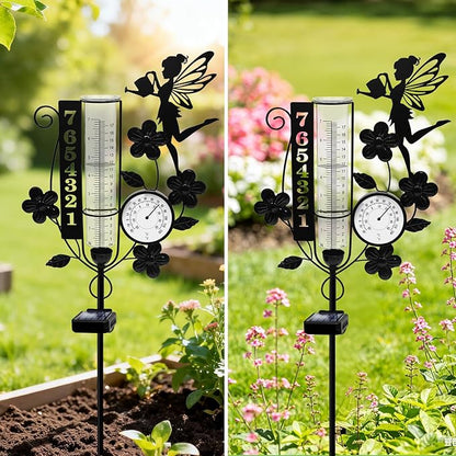 YJFWAL Fairy Rain Gauge Outdoor, Decorative Metal Number Solar Rain Gauge with LED Light and Thermometer, Garden Decor for Yard, Lawn, Pathway, Farm