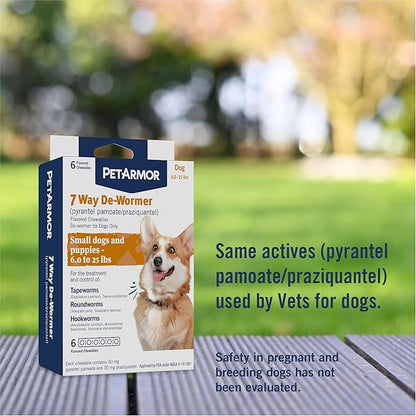PetArmor 7 Way De-Wormer for Dogs, Oral Treatment for Tapeworm, Roundworm & Hookworm, Small Dog Dewormer (6-25 lbs) with Praziquantel & Pyrantel Pamoate, 6 Flavored Chewables