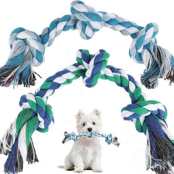 SZEE 2Pcs Dog Rope Toys for Small Breeds, 14 in 3 Knots Chew Rope Toy for Dogs, Pull Toy for Tug of War, Energy Release, Boredom Relief and Teeth Cleaning (Green & Blue)
