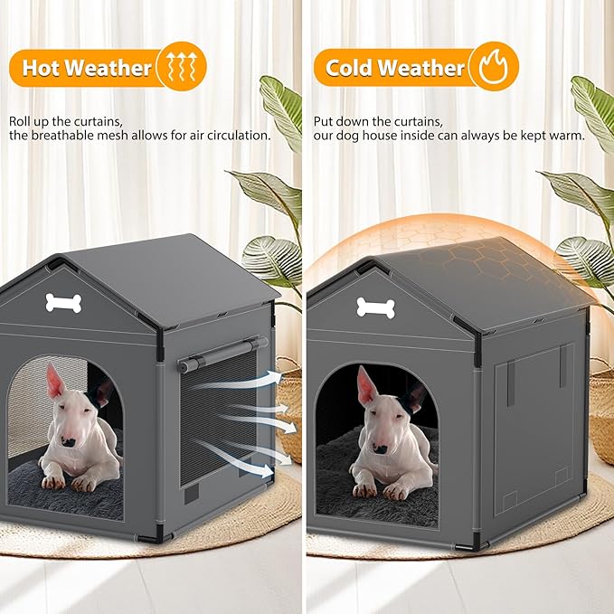 Large Dog House Indoor with Plush Cushion, Dog Kennel for Inside with Sturdy Frame, Waterproof Pet House Suitable for Small Medium Dogs, 27x21x27in, Gray