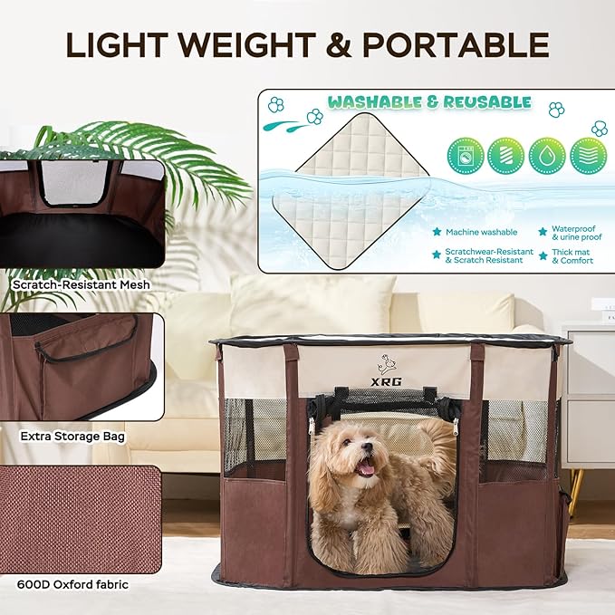 Portable Foldable Pet Playpen Collapsible Crates Kennel Playpen for Dog cat and Rabbit &Travel playpen Outdoor or Indoor (Large（35.4" L x 27.6" W x 23.6" H）, Brown)