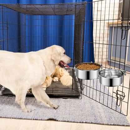2 Pcs Medium Dog Food Water Bowl for Cage with Upgraded Clamp Holder, Pet Kennel Hanging Bowls Stainless Steel Non-Spill Detectable Bowls Crate Feeder for Medium Dogs (6.3x2.3'' & 5.5x2'')