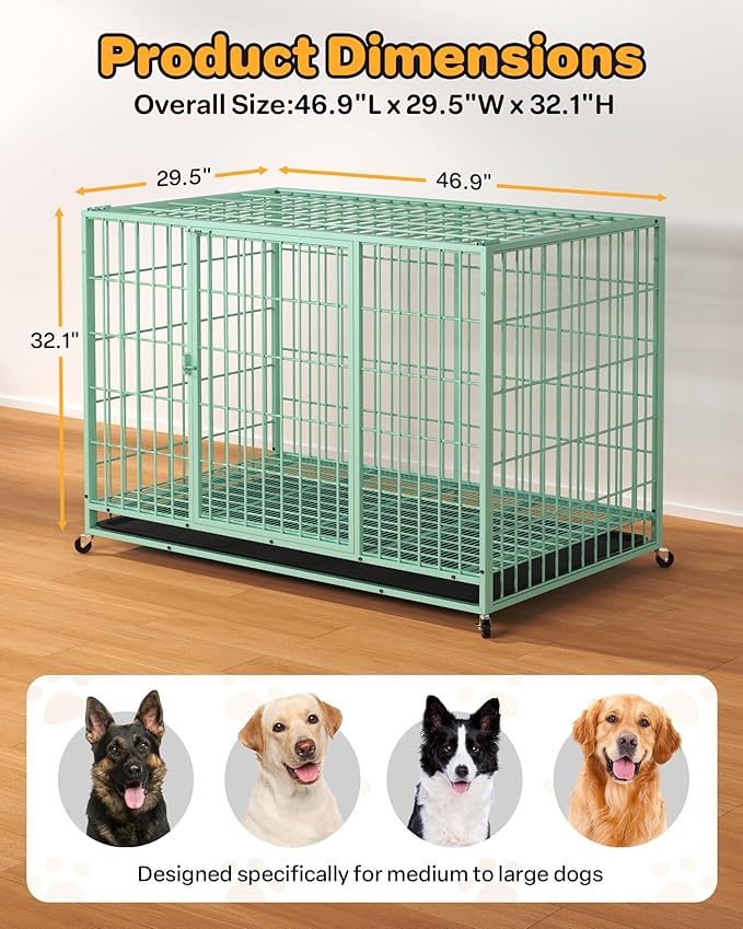 HIWOKK 48 Inch Large Dog Crate, Escape Proof Dog Cage with Dual Door Lock and Swivel Casters,Removable Tray for Easy Cleaning, Dog Kennel Indoor Outdoor Use