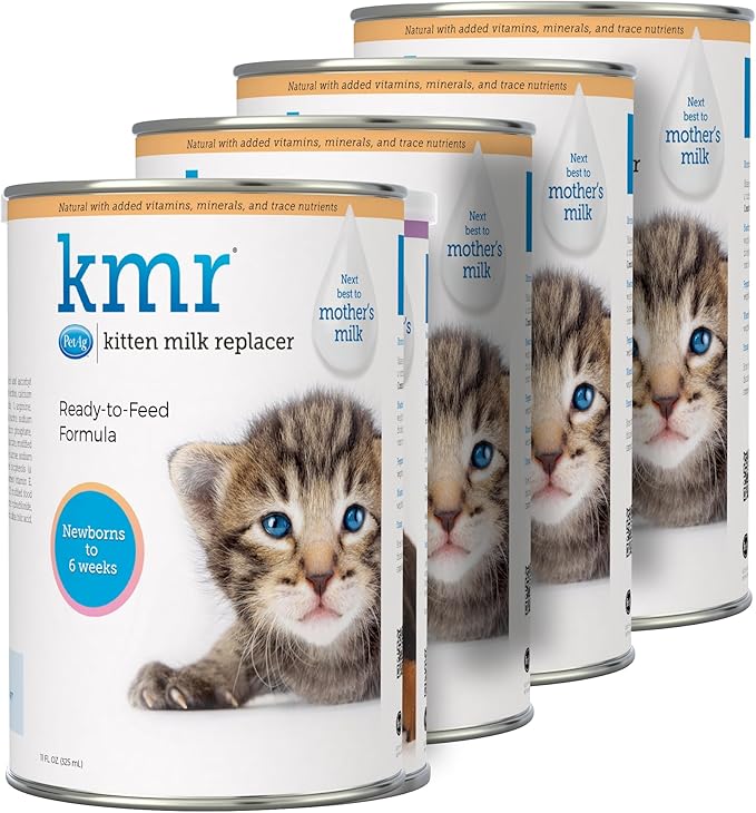 PetAg KMR Kitten Milk Replacer Liquid - 11 oz, Pack of 4 - Ready-to-Feed Kitten Formula with Prebiotics, Probiotics & Vitamins for Kittens Newborn to Six Weeks Old - Easy to Digest