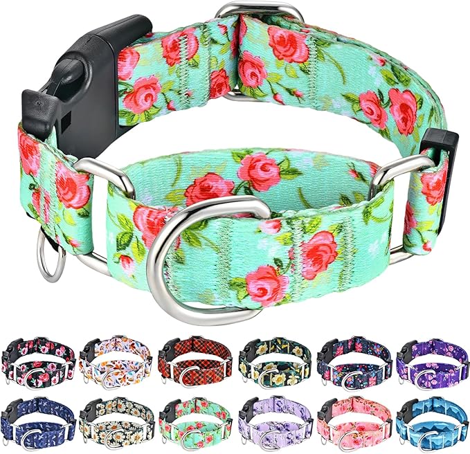 Martingale Collar for Dogs with Buckle Pink Floral Dog Collar No Pull Cute Girl Female Dog Collars for Small Dogs, Green Rose