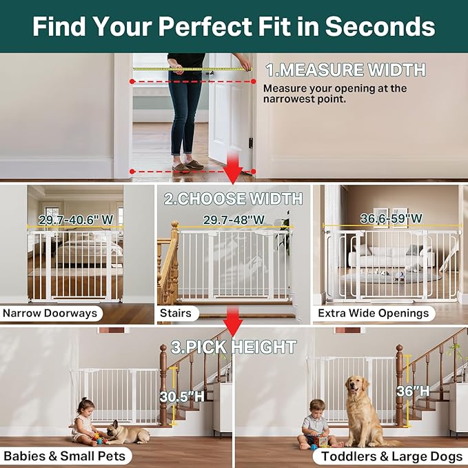 Cumbor 36.6-59" Extra Wide Baby Gate for Stairs, Pressure Mounted Dog Gate for Doorways, Auto-Close Easy Walk Through Safety Child Gate for Kids Toddler, Tall Pet Gates Indoor, White