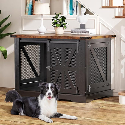 VOPEAK 40" Farmhouse Dog Crate Furniture, Heavy Duty Dog Cage for Medium Large Dogs, Wood Dog Crate Dog Kennel Indoor with Double Doors, Chew Resistant End Table for Bedroom Living Room, Black