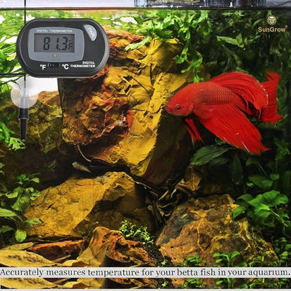 SunGrow Digital Betta Thermometer for Tropical Aquarium Fish, Black Color, Suction Cups and 1 Battery Included, 1 pc per Pack