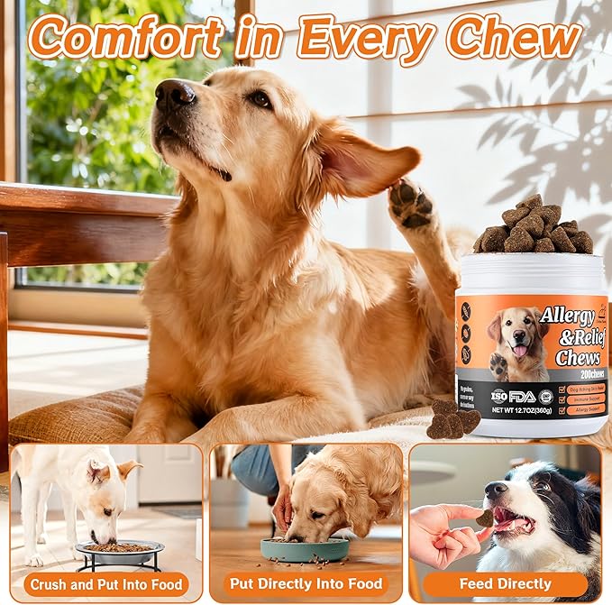 Dog Allergy Chews 200PCS – Supports Skin & Coat Health – Helps Reduce Mild Itching & Scratching – Immune & Allergy Support – with Probiotics & Borage Oil
