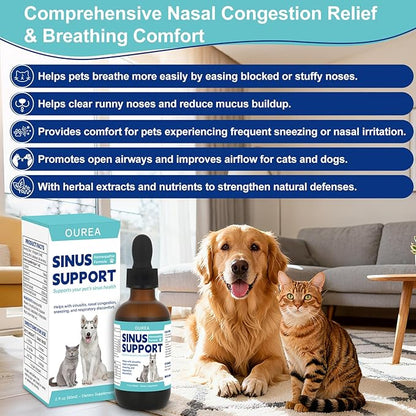 Nasal Congestion Relief Drops for Cats and Dogs, Sinus Support Supplement for Pets, Helps with Sneezing Runny Nose & Respiratory Comfort, Cat Dog Sinus Relief for Supports Clear Breathing