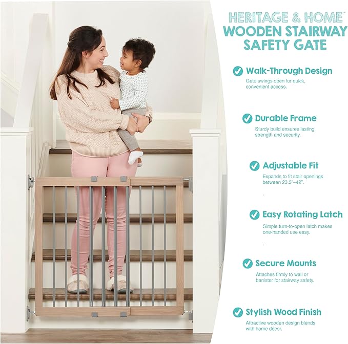 Regalo Safety 23.5"-42" Heritage & Home Wooden Baby Gate for Stairs & Doorways, Walk Through Stair Gate with Door for Babies, Toddlers, & Pets, American Designed and Owned