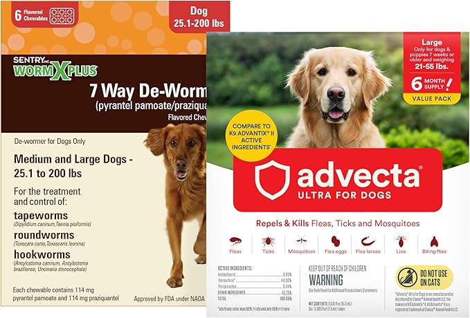 WORM X PLUS 7 Way DeWormer for Large Dogs Over 25 lbs (6 Count) + ADVECTA Flea and Tick Prevention for Large Dogs 21-55 lbs (6 Count) Bundle