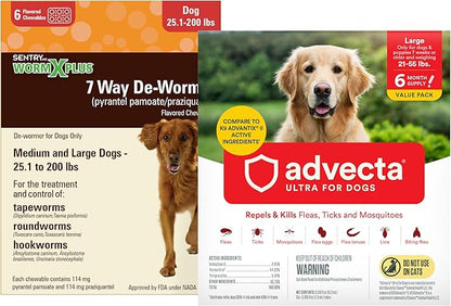 WORM X PLUS 7 Way DeWormer for Large Dogs Over 25 lbs (6 Count) + ADVECTA Flea and Tick Prevention for Large Dogs 21-55 lbs (6 Count) Bundle