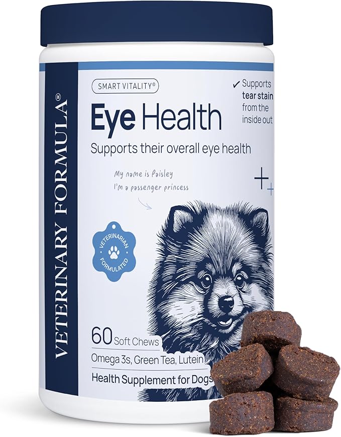 Veterinary Formula Eye Health Supplement for Dogs – Vet-Formulated Tear Stain Chews with Omega 3, Lutein & Cranberry – Smart Vitality Supports Eye Moisture, Stain Reduction & Immunity, 60 Soft Chews