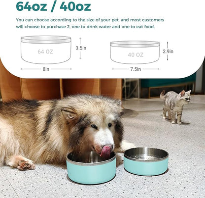 WENBOKMIN Dog Bowl, Stainless Steel Dog Food and Water Bowl with Non Slip Quiet Bottom, Easy to Clean, Dishwasher Safe, 64oz, Mint Green