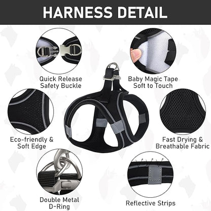 GAMUDA Small Dog Harness Collar and Leash Set, Step in No Chock No Pull Linen Fabric Soft Mesh Dog Vest Harnesses Reflective for Dogs Puppy Cats Kitten Rabbit (Black, L)