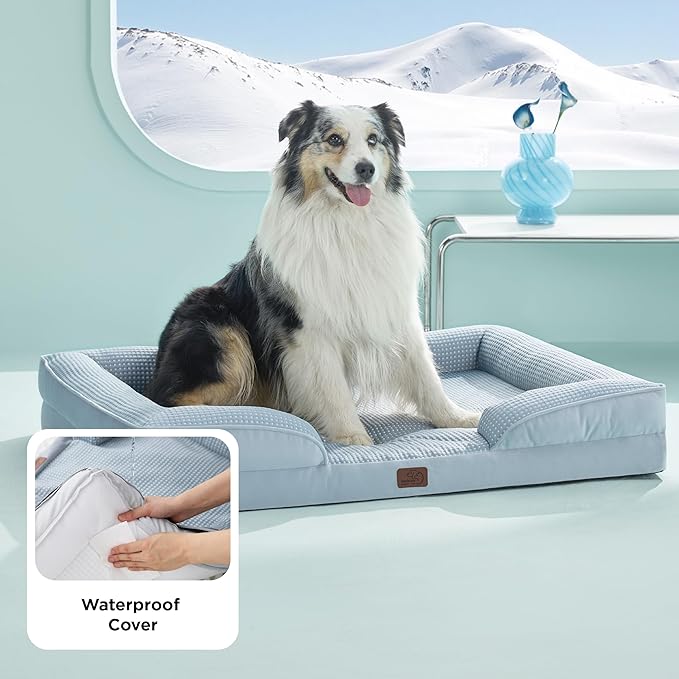 Bedsure L Plus Cooling Dog Bed for Large Dogs - Orthopedic Dog Cat Cooling Bed Washable, Big Comfort Dogs Couch Sofa with Waterproof Removable Cover, Pet Bed with Nonskid Bottom, Cooling Blue, 38"