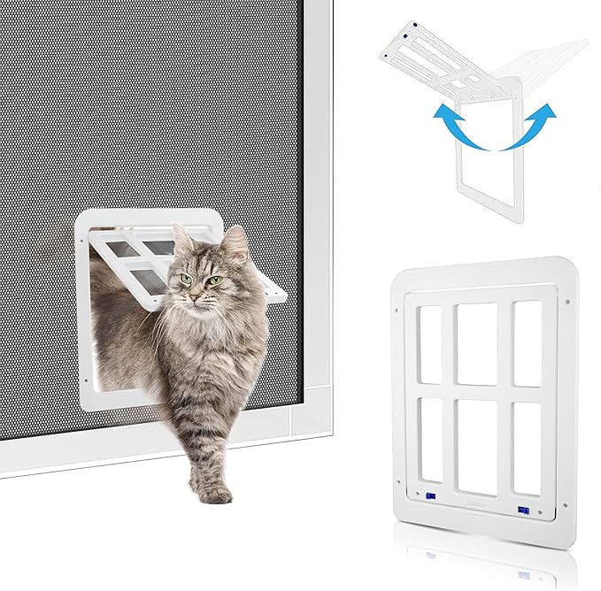 PETLESO Small Pet Door for Screen & Sliding Doors - 8.3" x 10.3" Magnetic Flap Auto Closing with Lockable Insert, Ideal for Cats and Small Dogs, White