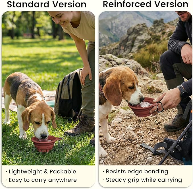 OHMO Collapsible Dog Water Bowls w/Built-in Stainless Steel Ring – 2pcs Small 12oz/400ml Portable Silicone Pet Feeding Bowl for Hiking, Camping, Travel