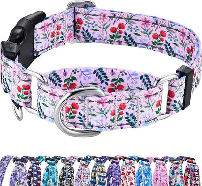 Reflective Martingale Collar with Quick Release Buckle Anti Pulling Girl Female Dog Collars (Pink Flowers Plants, Small)