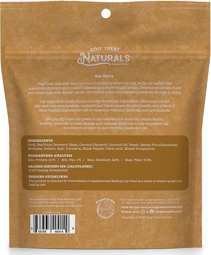 Dog Treat Naturals Superfood Sticks, Pork & Peach, 10oz Bag | Dog Chew Sticks | All-Natural, Pet Training Treats | Joint-Skin-Coat Health | USA Made