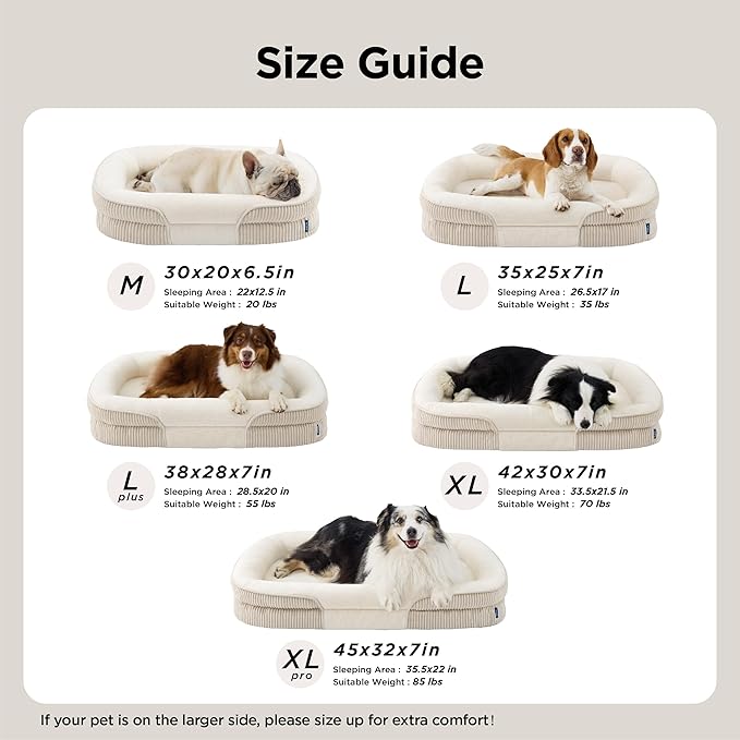 Bedsure L Plus Orthopedic Dog Beds Large Sized Dog - 360° Oval Bolster Large Dogs Bed for Senior Dogs with Waterproof Washable Cover, Big Comfort Pet Sofa Couch with Ultra-Soft Fleece, Beige, 38"