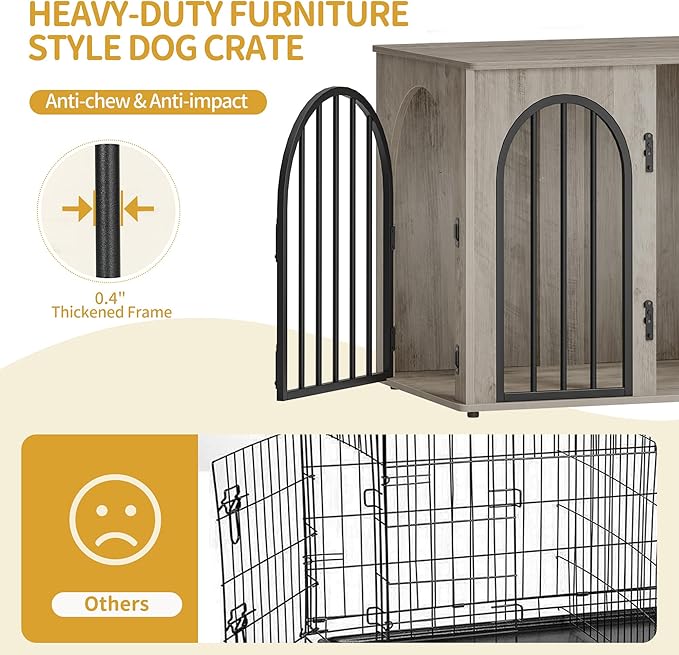 Hzuaneri 26.8'' Wooden Dog Crate Furniture, Indoor Dog Kennel Dogs Cage for Small Dogs, Heavy Duty Dog Crates Decorative Pet House End Side Table TV Stand, Greige DFC85505B