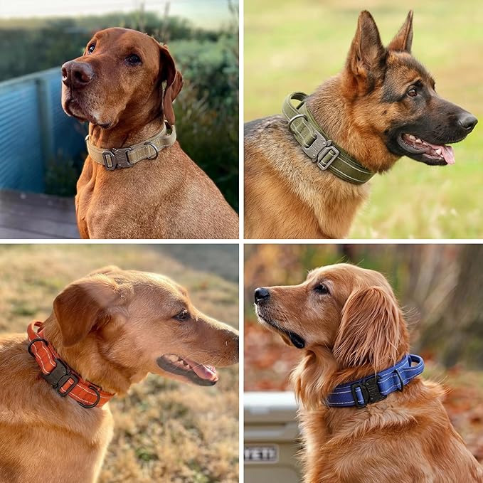 KCUCOP Tactical Dog Collar for Medium & Large Dogs - Military Nylon Heavy Duty Collar with Handle, Reflective Strip & Metal Buckle for Training, Outdoor (Pink Reflective, Large)