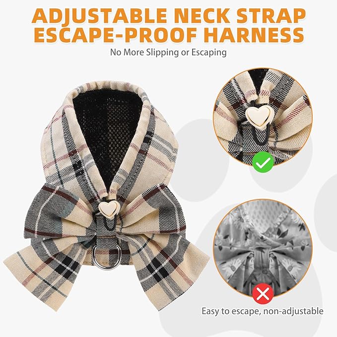 KOOLTAIL Small Dog Harness and Leash Set, Cute Puppy Vest Harnesses with Bowtie, Step in No Pull Soft Mesh Padded Adjustable Plaid Pet Harness for Extra-Samll Medium Dogs Cats, Boy Girl, XS-M, Beige S