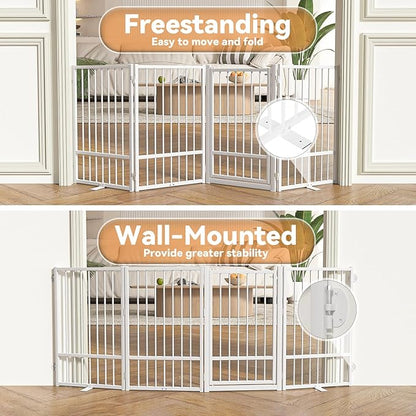 SNUOWU Full Metal Freestanding Dog Gate with Door, 32''Height Foldable Pet Dog Fence for Indoor & Outdoor, 4 Panels Extra Wide Free Standing TallDog Gates for Doorways,House,Stairs,Porch,Deck,Yard